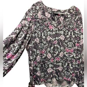 Lane Bryant Smocked Peasant Top Olive Green Floral Long Sleeve Blouse SZ 22 EUC